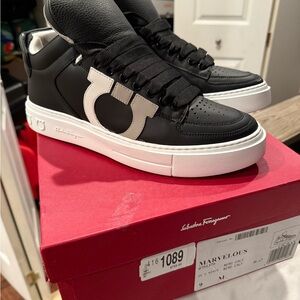 Salvatore Ferragamo Black and White Leather Sneakers